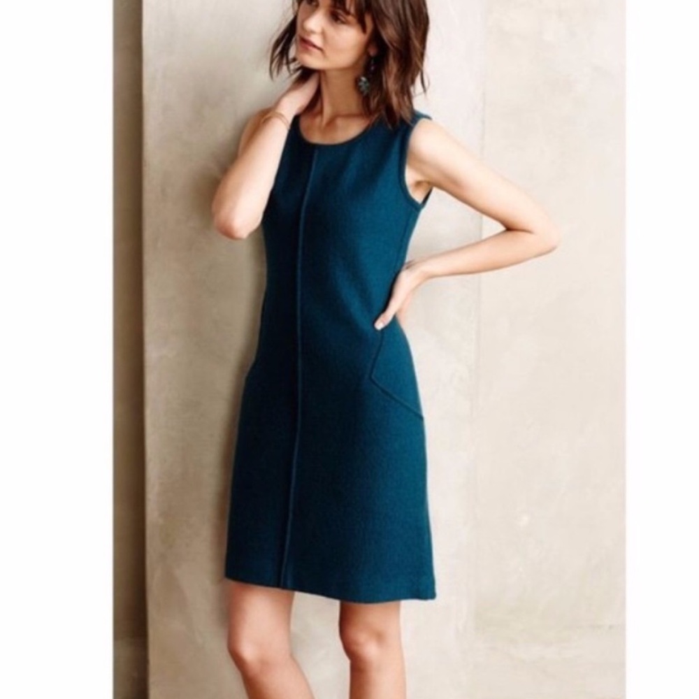 Sparrow Anthropologie Greenish/Teal Boiled Wool Sleeveless Front Pockets Dress S